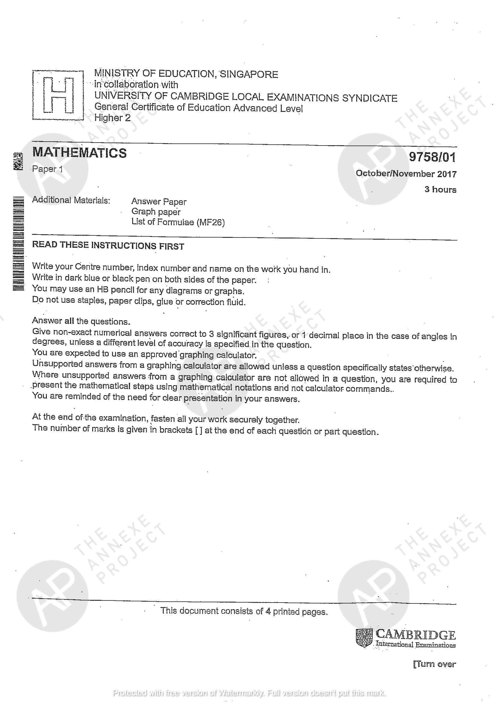 2017 A level H2 Mathematics Paper 1 Solutions Page 01