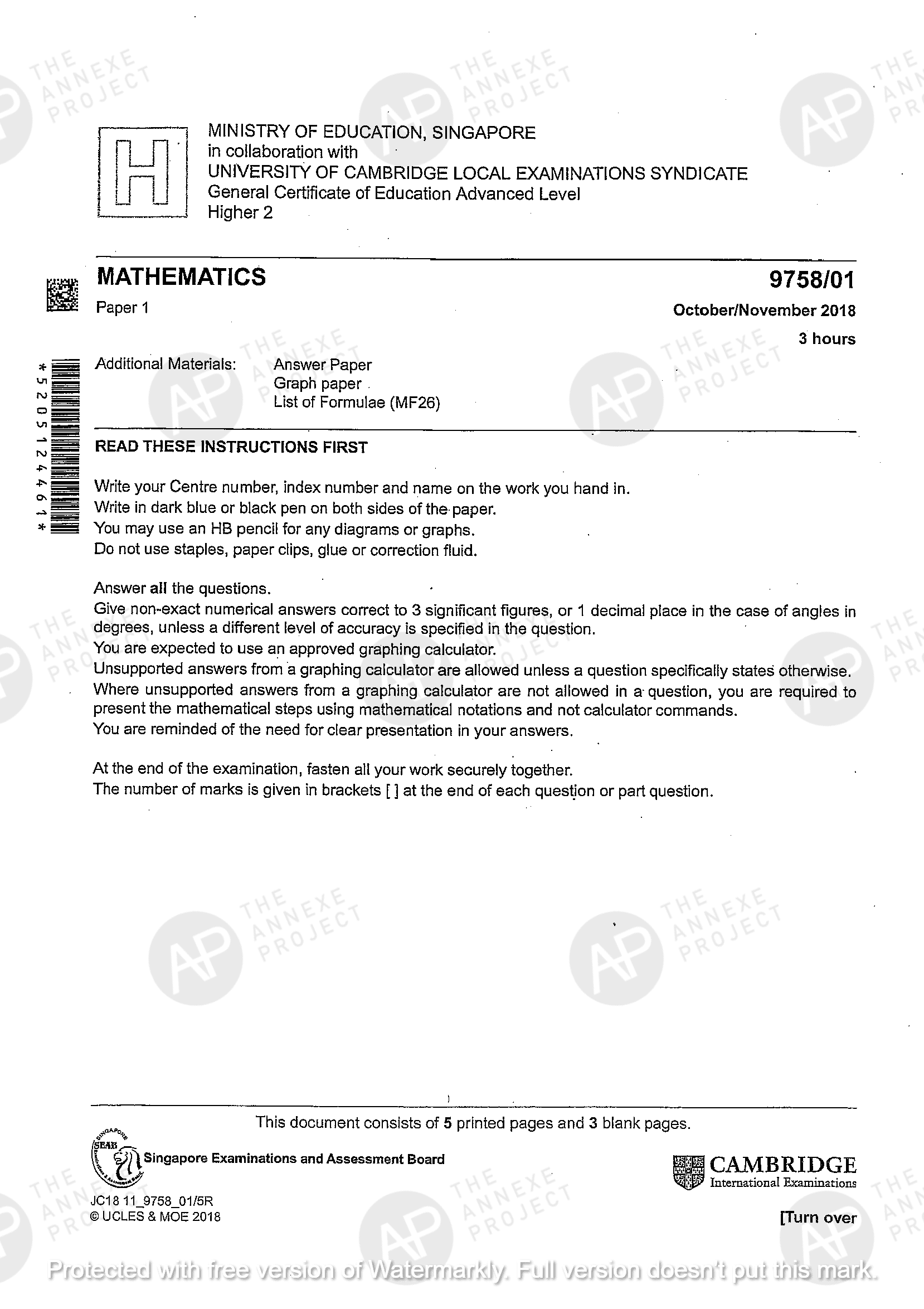 2018 A level H2 Mathematics Paper 1 Page 01