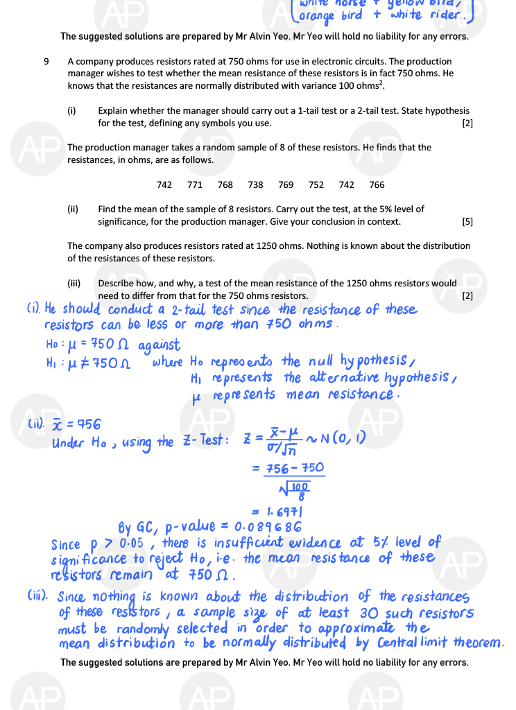 2019 GCE A LEVEL H2 MATHEMATICS PAPER 2 SOLUTION 10 2019 A Level H2 Mathematics Paper 2 The Annexe Project tuition center solution page 10