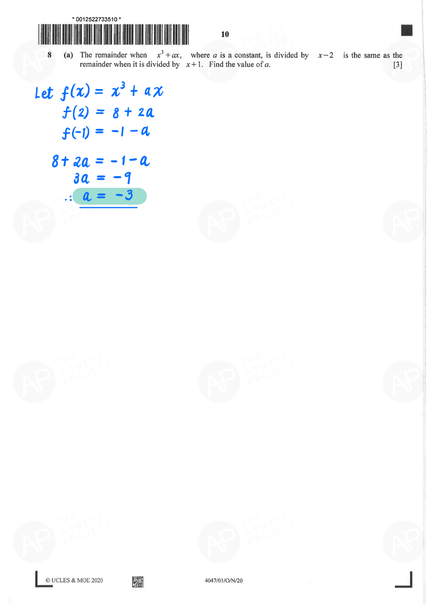 2020 O Level A Math Paper 1 page 10 fs8