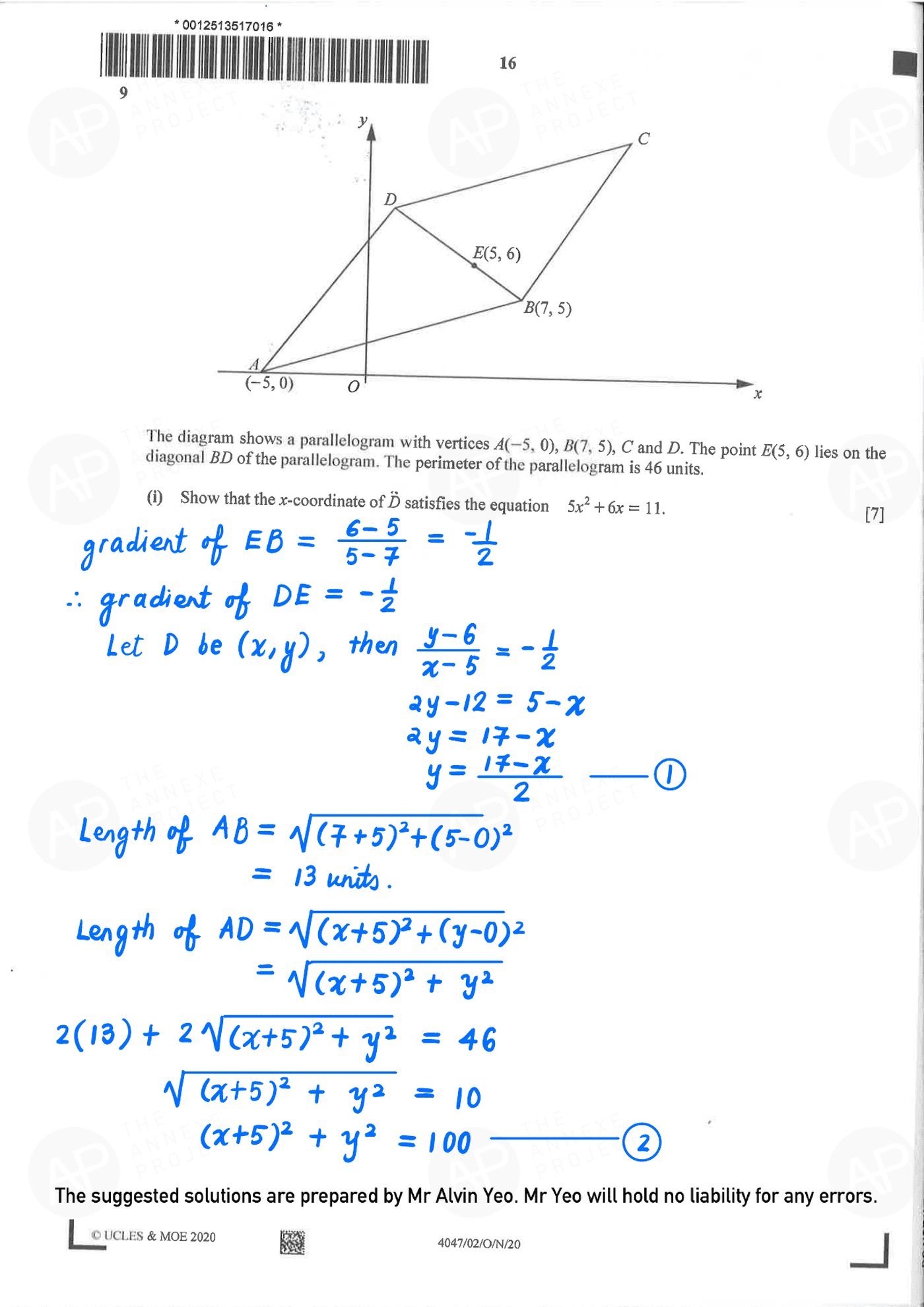 2020 GCE O LEVEL A MATHEMATICS PAPER 2 SOLUTION 14 2020 O Level A Math Paper 2 Solutions page 14 fs8