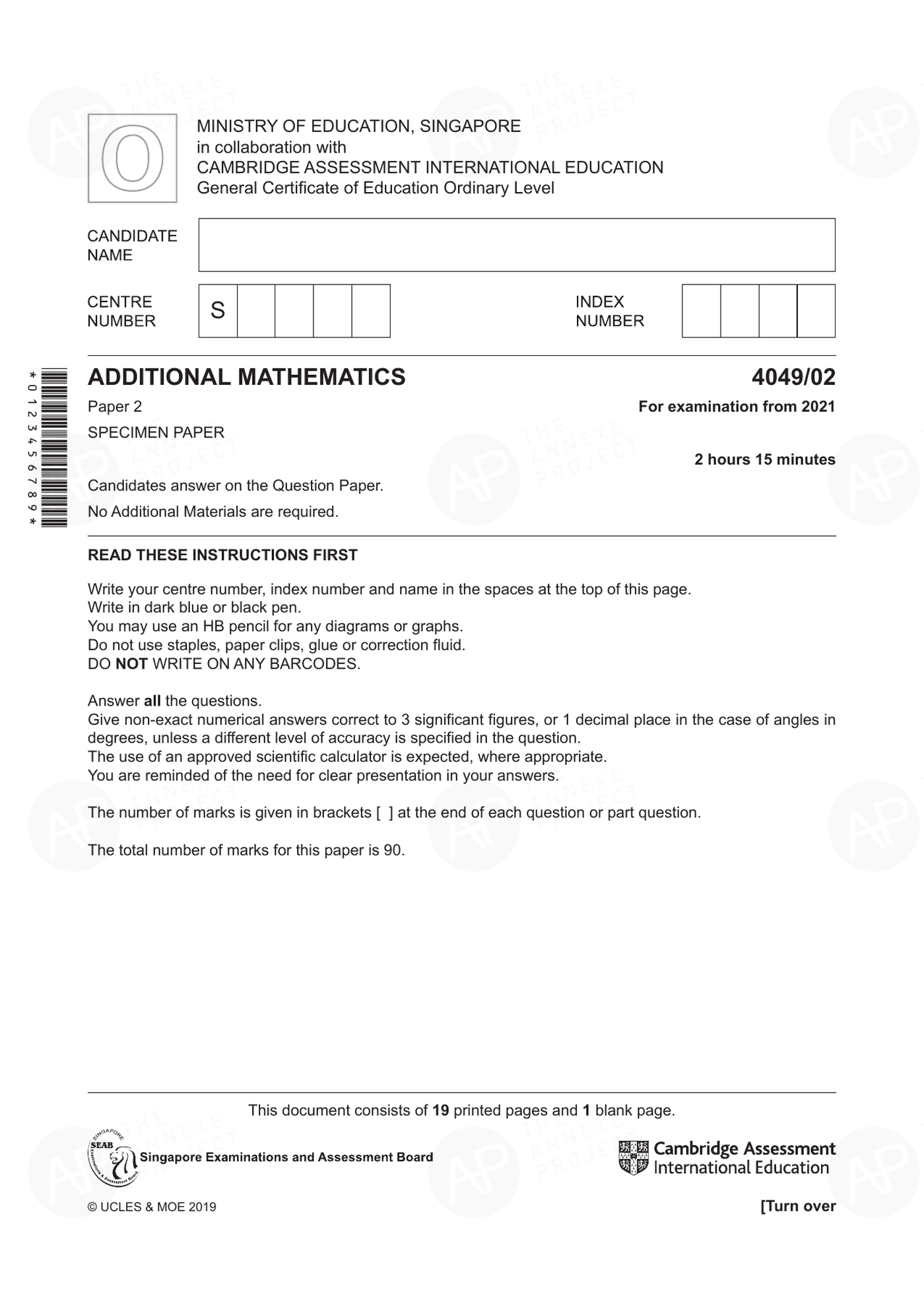 2021 O Level Additional Mathematics Specimen Paper 2 page 01 fs8
