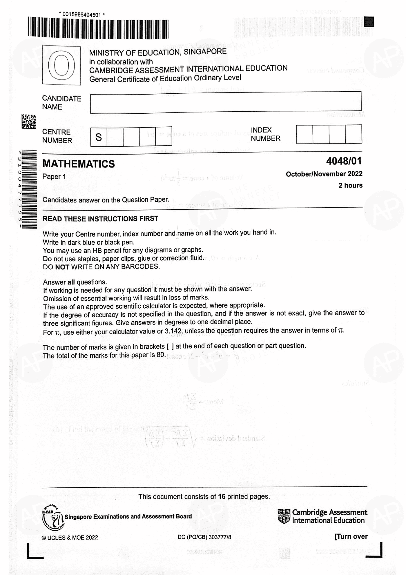 2022 O Level Elementary Mathematics Paper 1 page 01 fs8