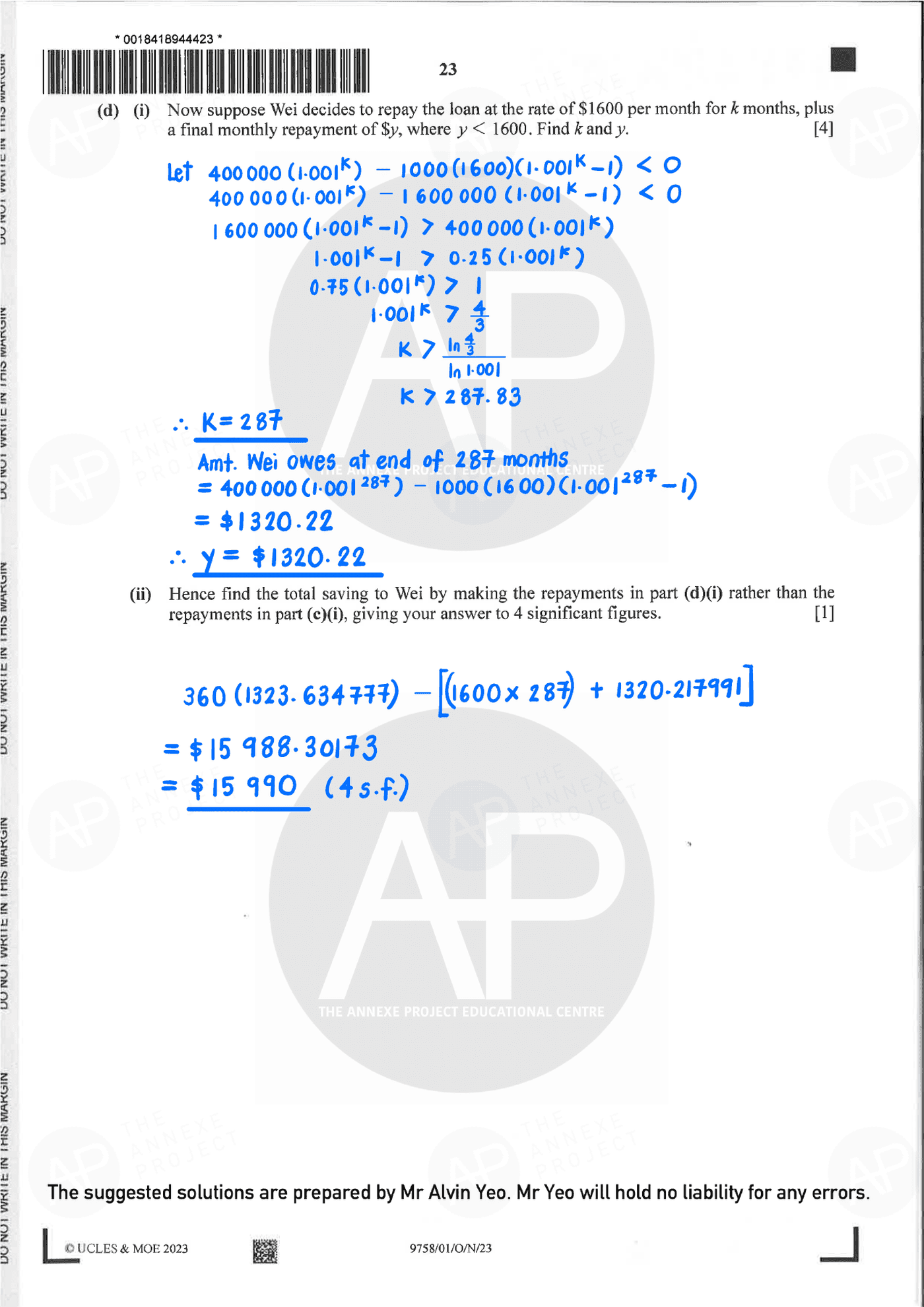 2023 A Level H2 Mathematics Paper 1 Solutions page 23 fs8