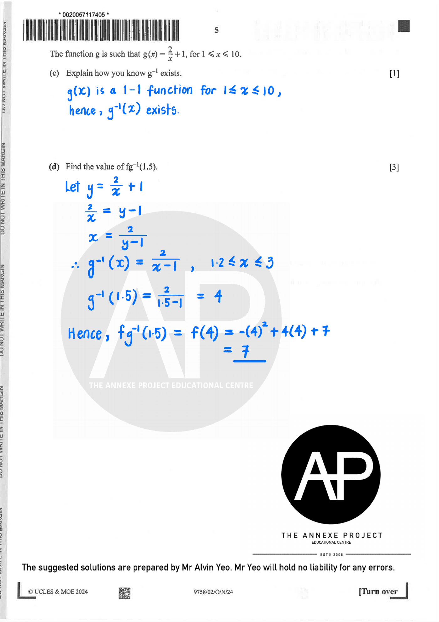 2024 GCE A LEVEL H2 MATHEMATICS PAPER 2 SOLUTION 5 2024 A Level H2 Mathematics Paper 2 page 05