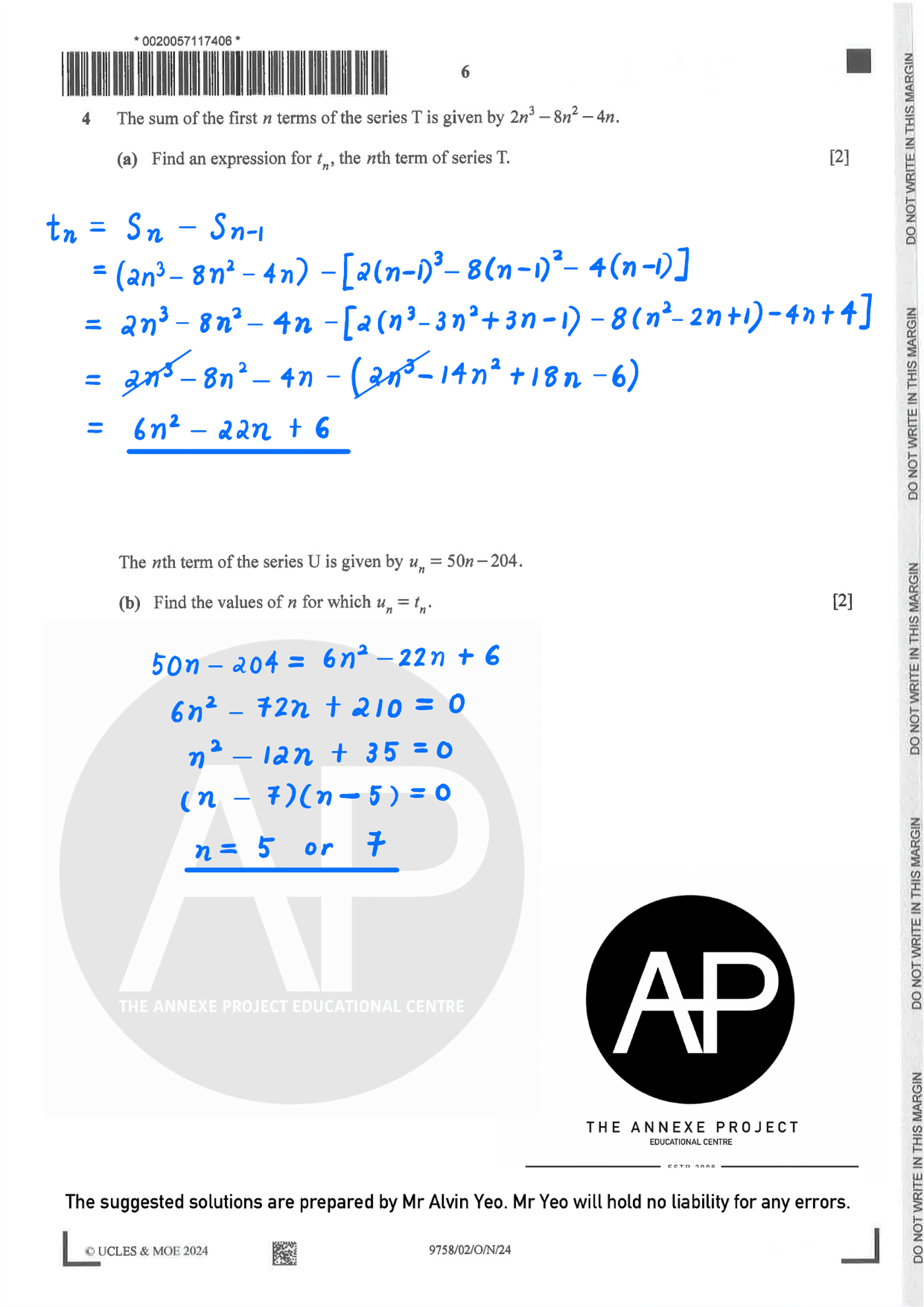 2024 GCE A LEVEL H2 MATHEMATICS PAPER 2 SOLUTION 6 2024 A Level H2 Mathematics Paper 2 page 06