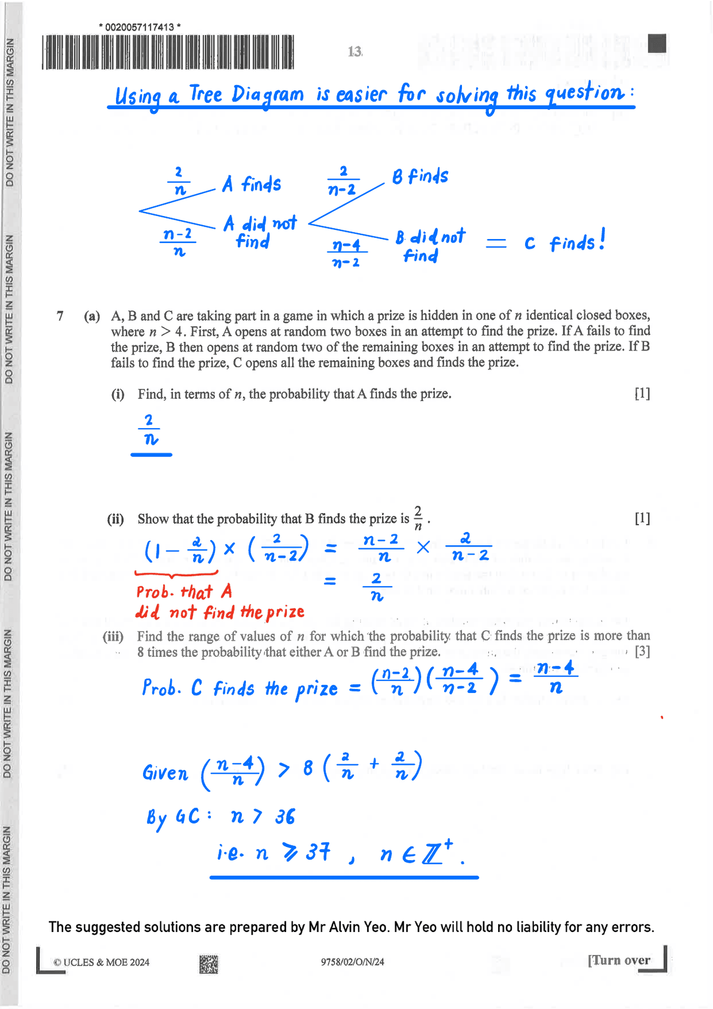 2024 GCE A LEVEL H2 MATHEMATICS PAPER 2 SOLUTION 14 2024 A Level H2 Mathematics Paper 2 page 13