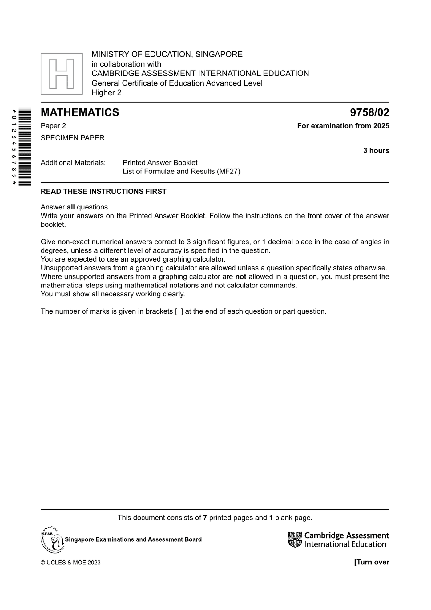 2025 A Level Specimen Paper 2 page 01