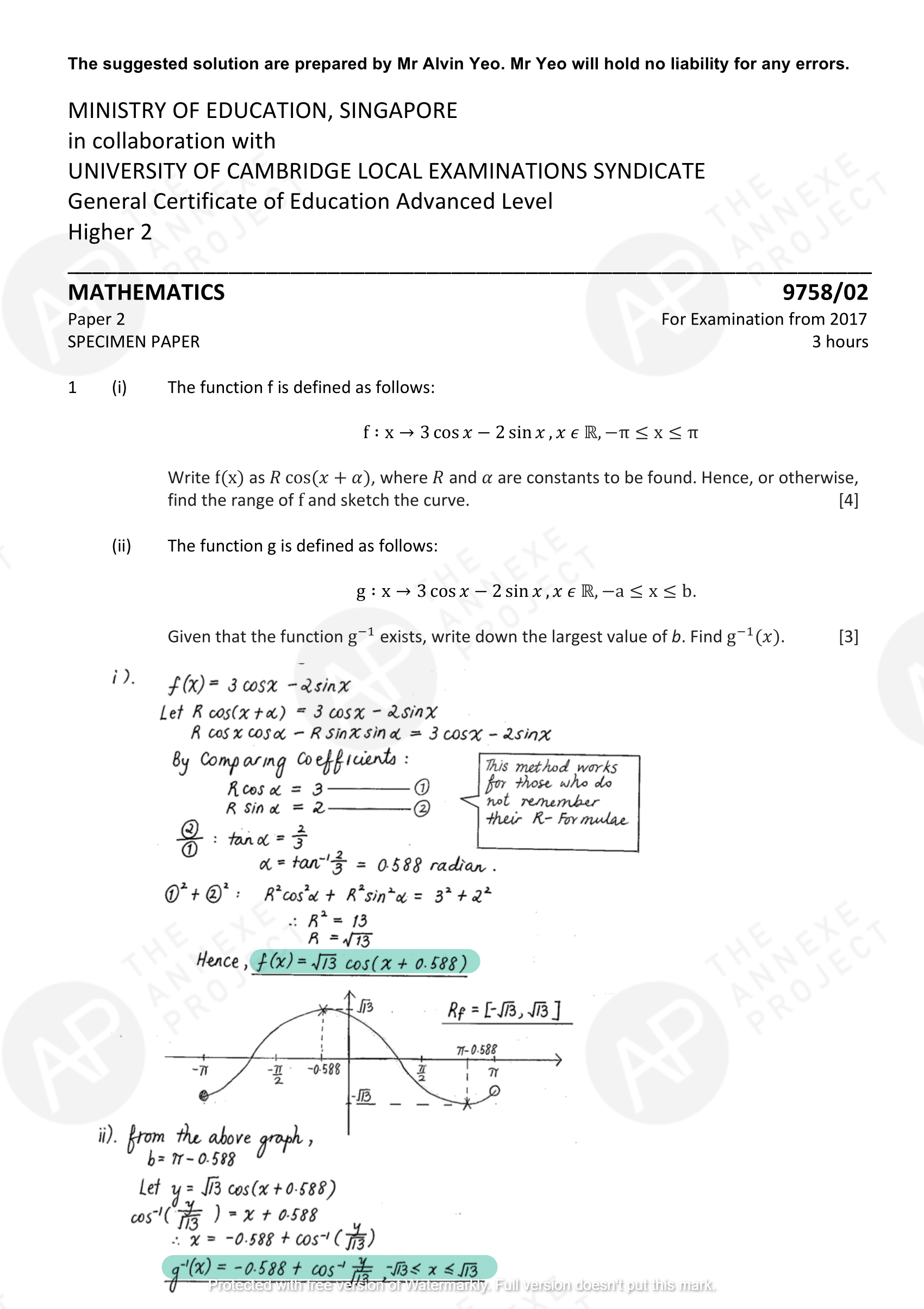 2017 GCE A LEVEL H2 MATHEMATICS SPECIMEN PAPER 2 SOLUTION 1 The Annexe Project A Level H2 Math Tuition 2017 A Level Specimen Paper 2 solution 01